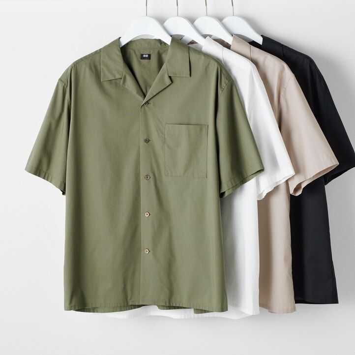 Black Uniqlo Cotton Blend Casual Short Sleeved Shirt Open Collar | UMNKD-5904