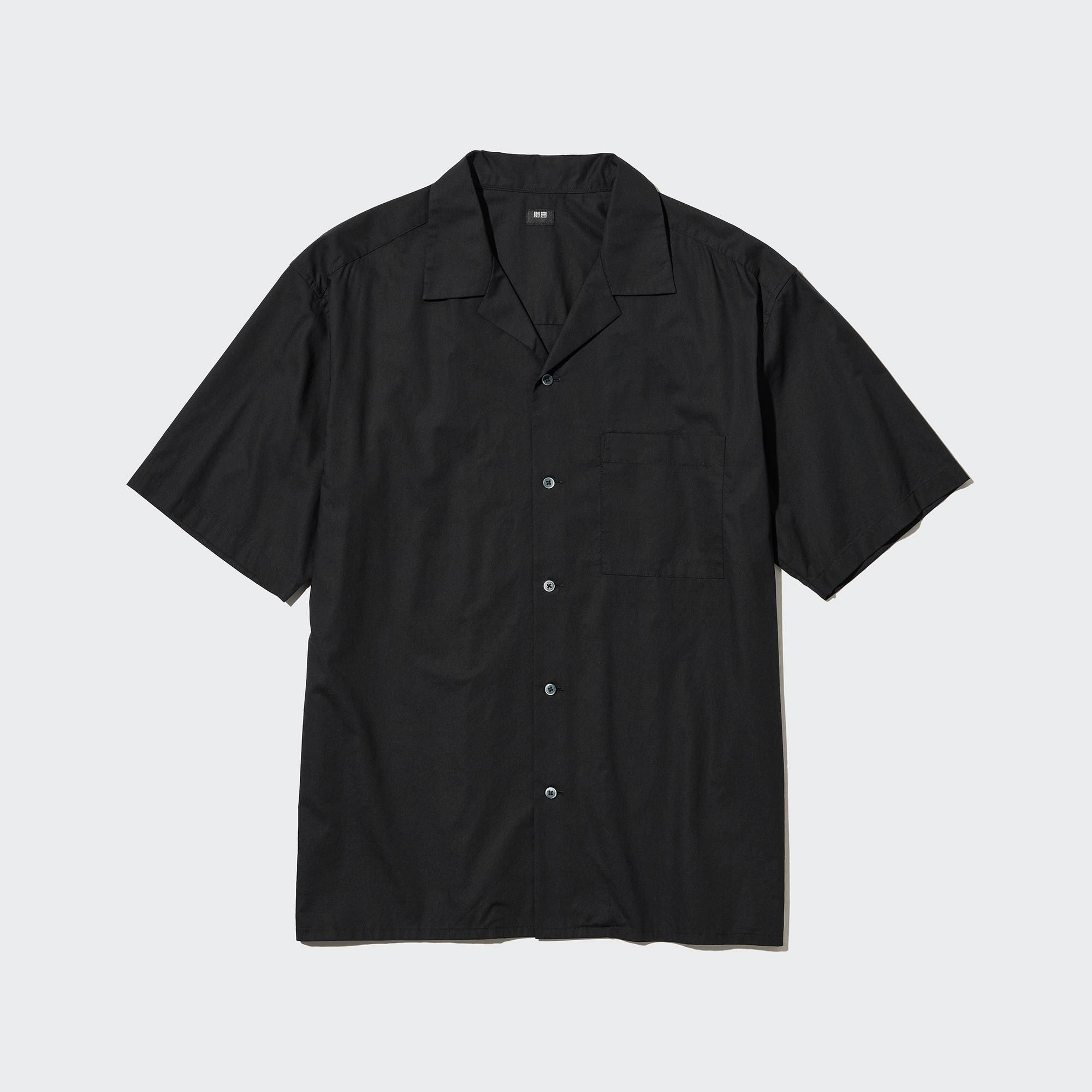 Black Uniqlo Cotton Blend Casual Short Sleeved Shirt Open Collar | UMNKD-5904