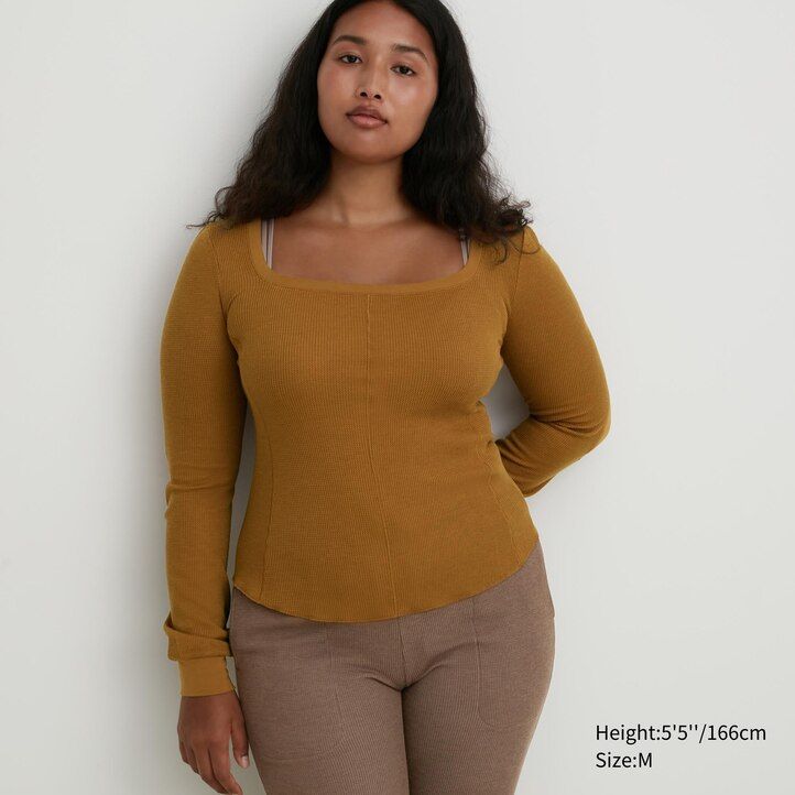 Black Uniqlo Heattech Extra Warm Waffle Square Neck Long Sleeved Thermal Top | XYJBS-1702