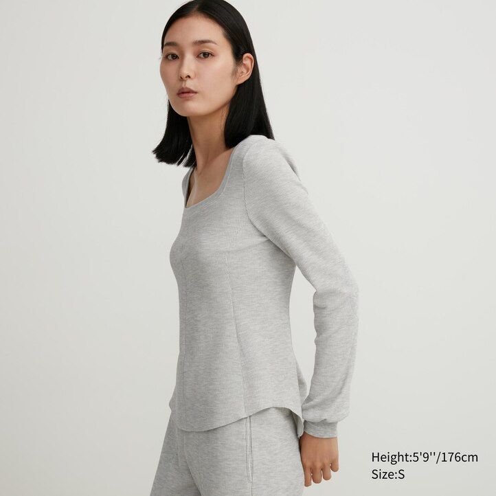 Black Uniqlo Heattech Extra Warm Waffle Square Neck Long Sleeved Thermal Top | XYJBS-1702