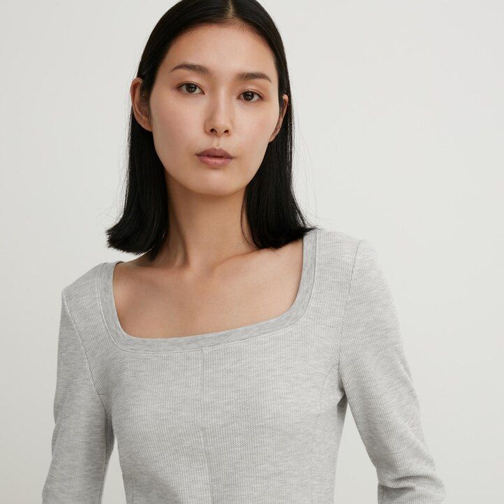 Black Uniqlo Heattech Extra Warm Waffle Square Neck Long Sleeved Thermal Top | XYJBS-1702