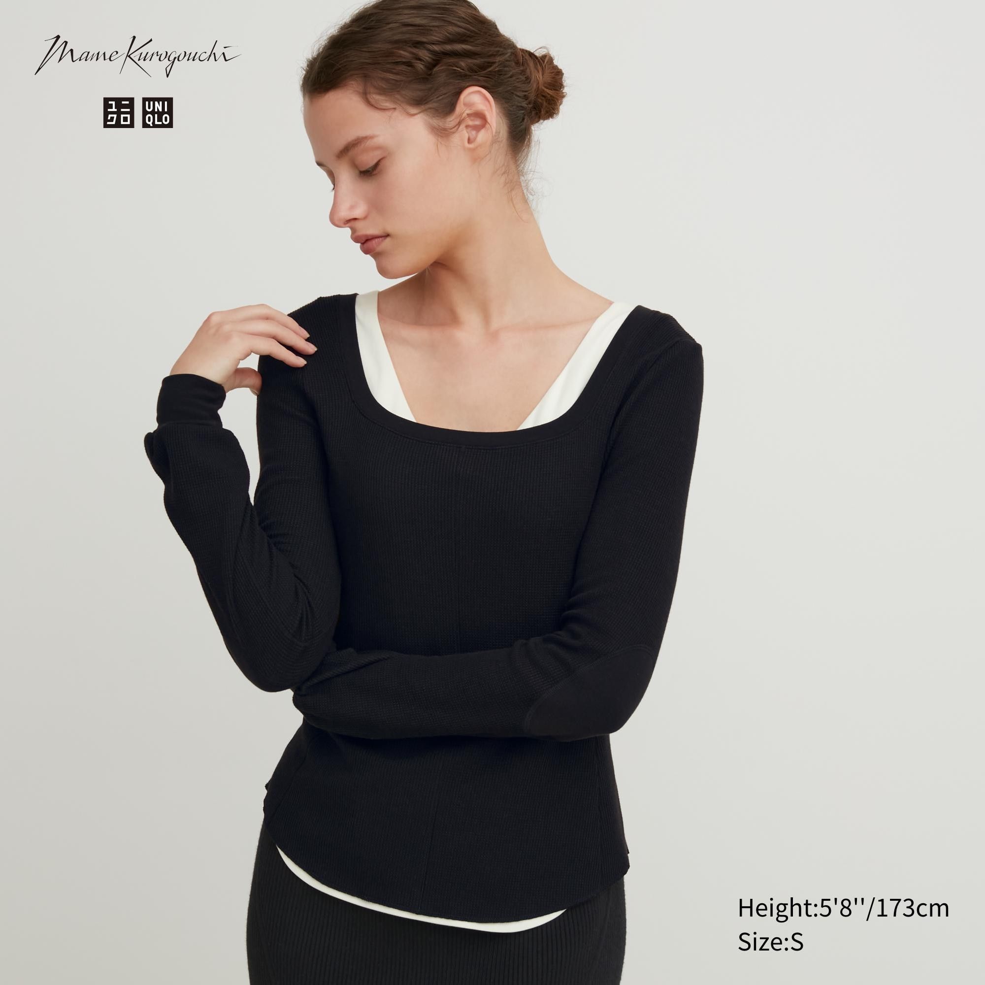 Black Uniqlo Heattech Extra Warm Waffle Square Neck Long Sleeved Thermal Top | XYJBS-1702