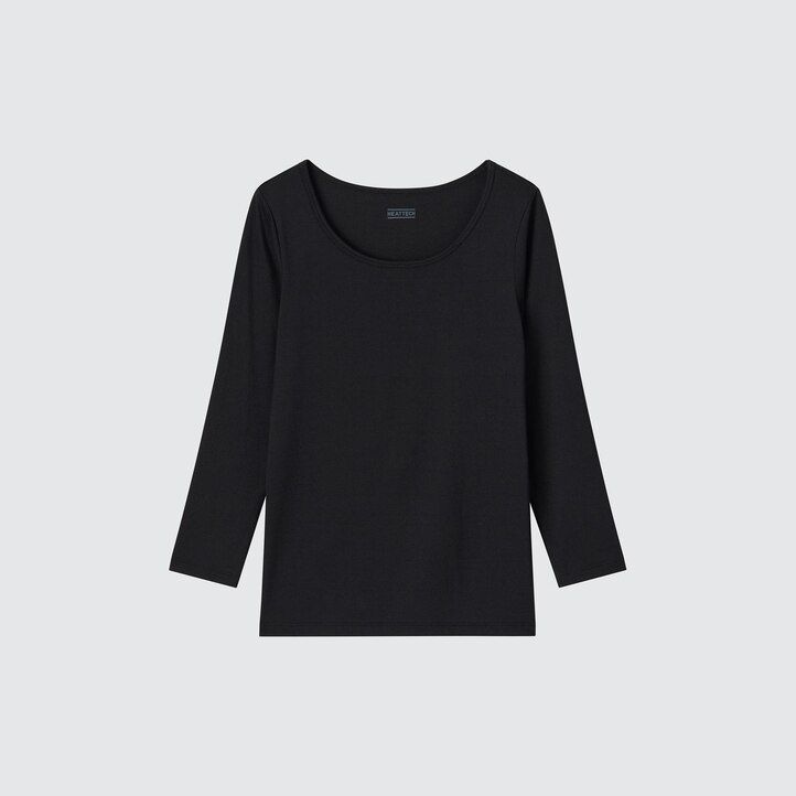 Black Uniqlo Heattech Scoop Neck Long Sleeved Thermal Top | IKDRS-1635