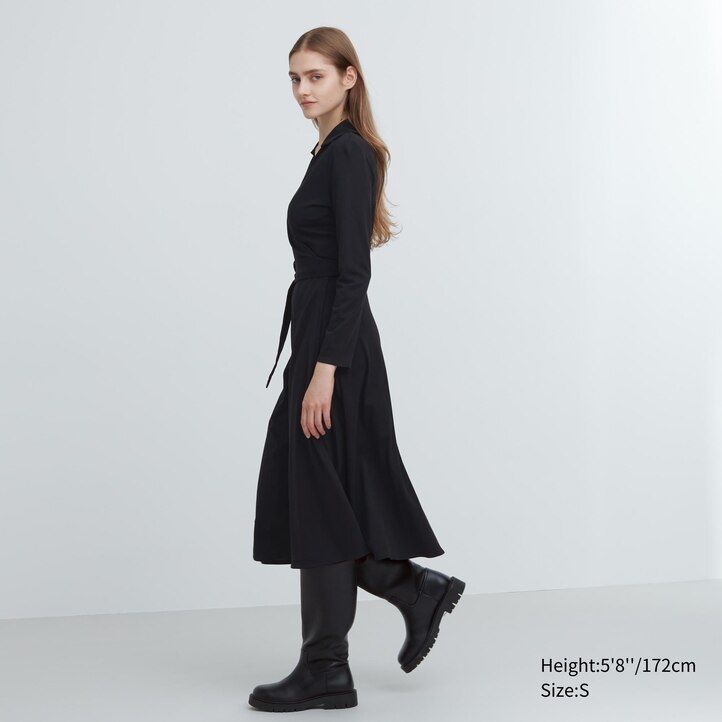 Black Uniqlo Long Sleeved Wrap Dress | NBVML-3087