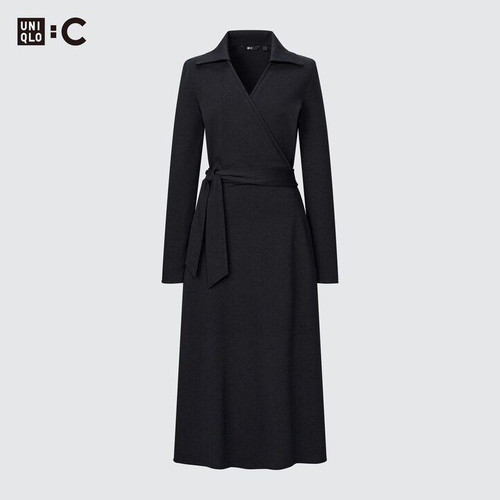 Black Uniqlo Long Sleeved Wrap Dress | NBVML-3087