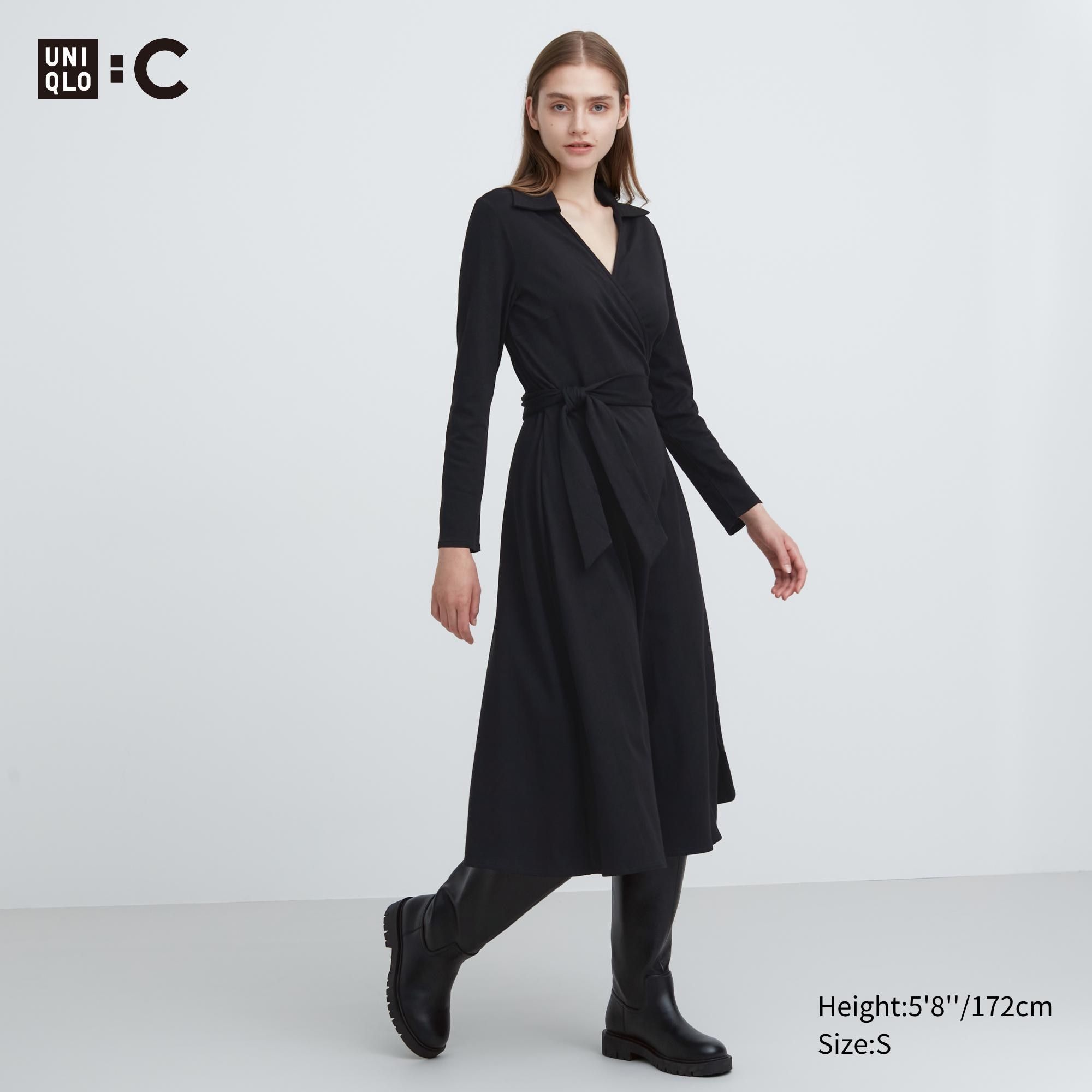 Black Uniqlo Long Sleeved Wrap Dress | NBVML-3087