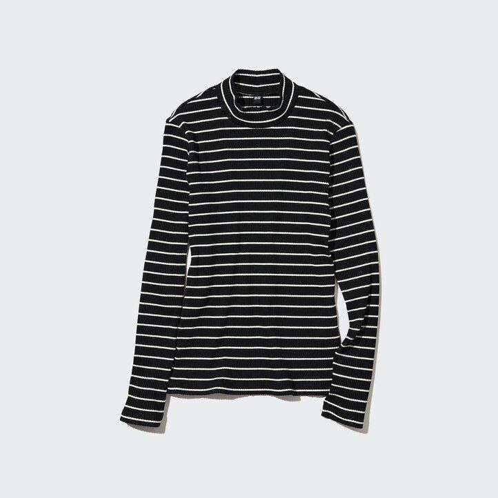 Black Uniqlo Ribbed Striped High Neck Long Sleeved T-Shirt | HJSWB-1709