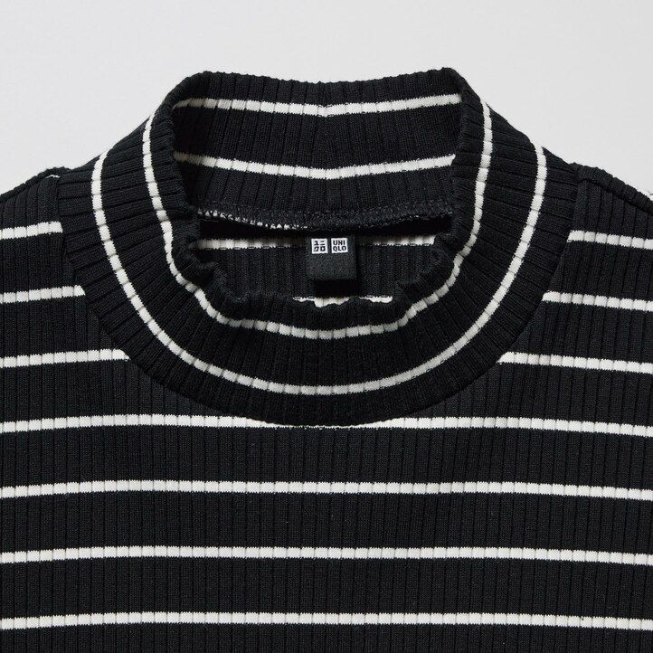 Black Uniqlo Ribbed Striped High Neck Long Sleeved T-Shirt | HJSWB-1709