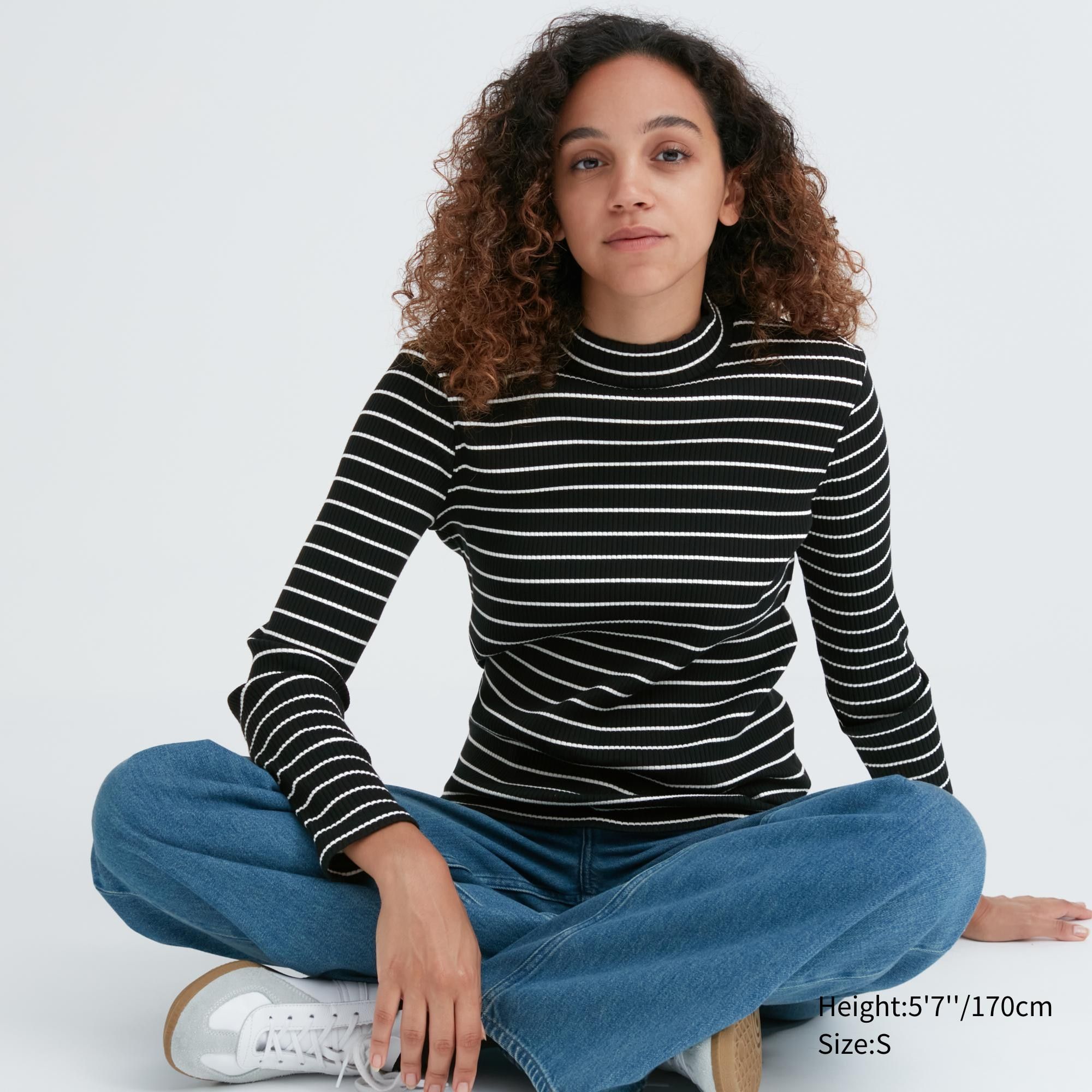 Black Uniqlo Ribbed Striped High Neck Long Sleeved T-Shirt | HJSWB-1709