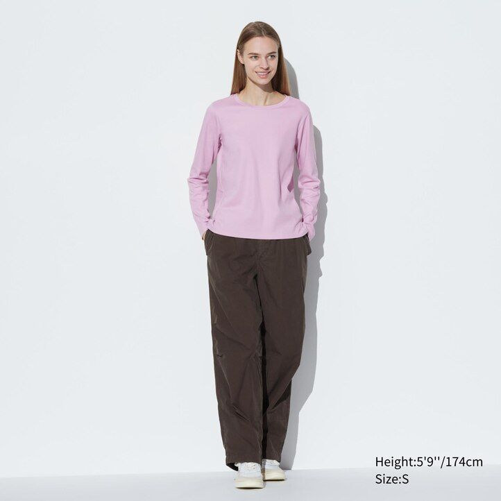 Black Uniqlo Smooth Cotton Stretch Crew Neck Long Sleeved T-Shirt | GNXJF-6174