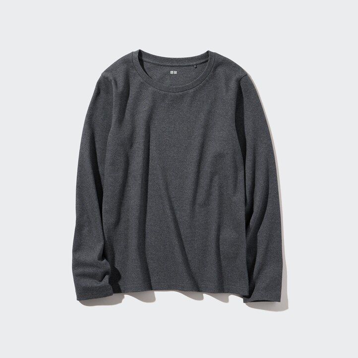 Black Uniqlo Smooth Cotton Stretch Crew Neck Long Sleeved T-Shirt | GNXJF-6174