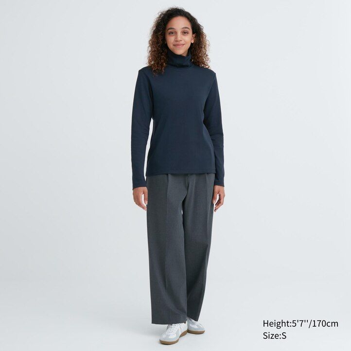 Black Uniqlo Smooth Cotton Stretch Turtleneck Long Sleeved Top | OWEJK-6814