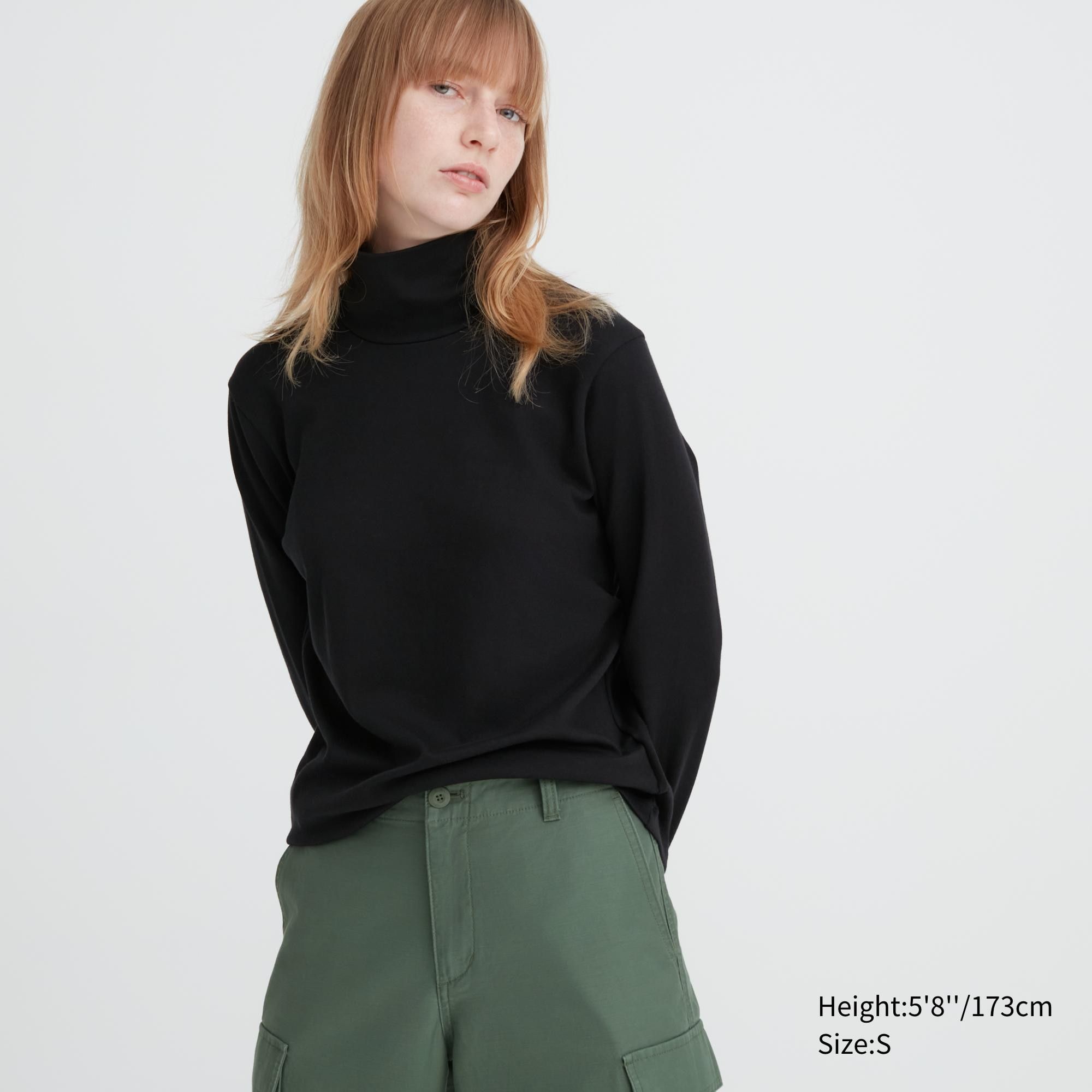 Black Uniqlo Smooth Cotton Stretch Turtleneck Long Sleeved Top | OWEJK-6814