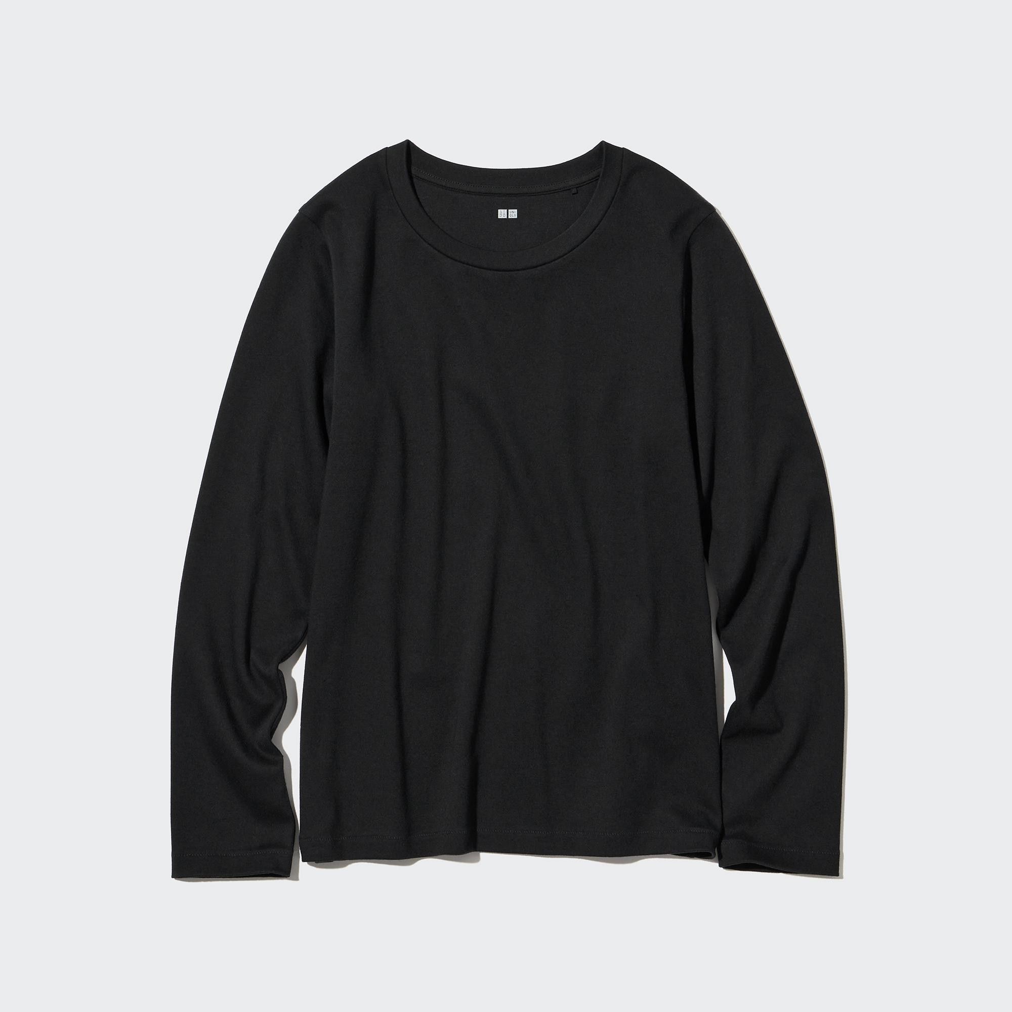 Black Uniqlo Smooth Stretch Cotton Crew Neck Long Sleeved Top | CZEDW-8954