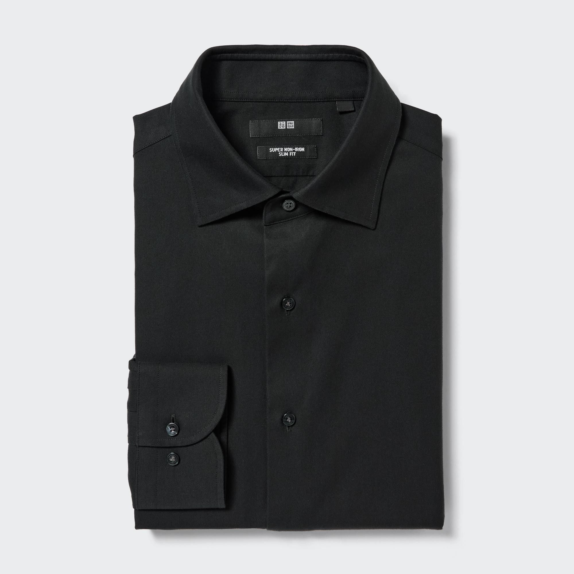 Black Uniqlo Super Non Iron Slim FiT-Shirt Semi Cutaway Collar | NLAIM-8149