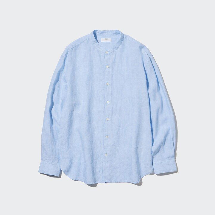 Blue Uniqlo 100pct Premium Linen Regular FiT-Shirt Grandad Collar | HTFIP-6184