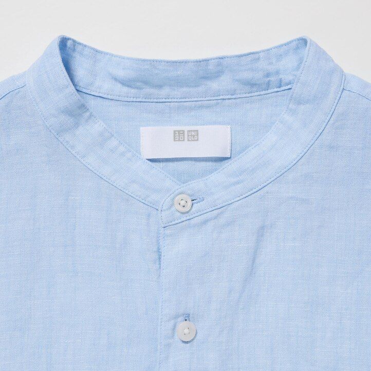 Blue Uniqlo 100pct Premium Linen Regular FiT-Shirt Grandad Collar | HTFIP-6184