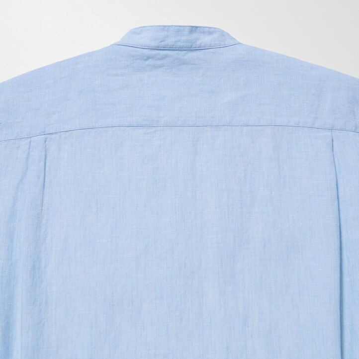 Blue Uniqlo 100pct Premium Linen Regular FiT-Shirt Grandad Collar | HTFIP-6184
