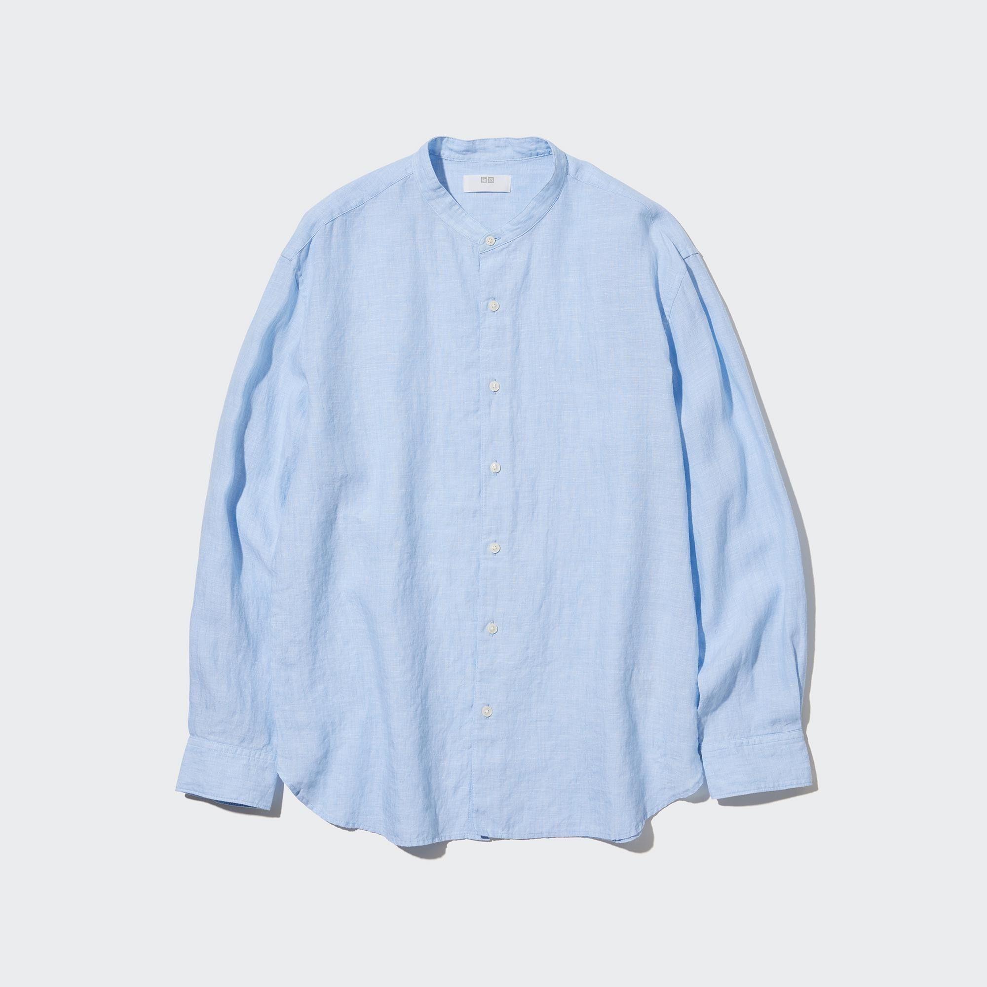 Blue Uniqlo 100pct Premium Linen Regular FiT-Shirt Grandad Collar | HTFIP-6184
