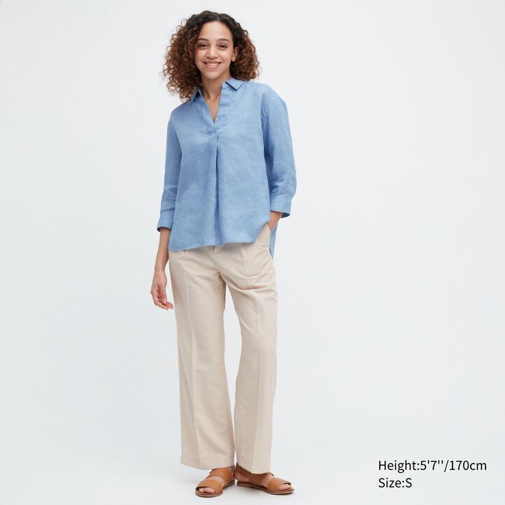Blue Uniqlo 100pct Premium Linen Skipper Collar 34 Sleeved Shirt | ENPMT-1705