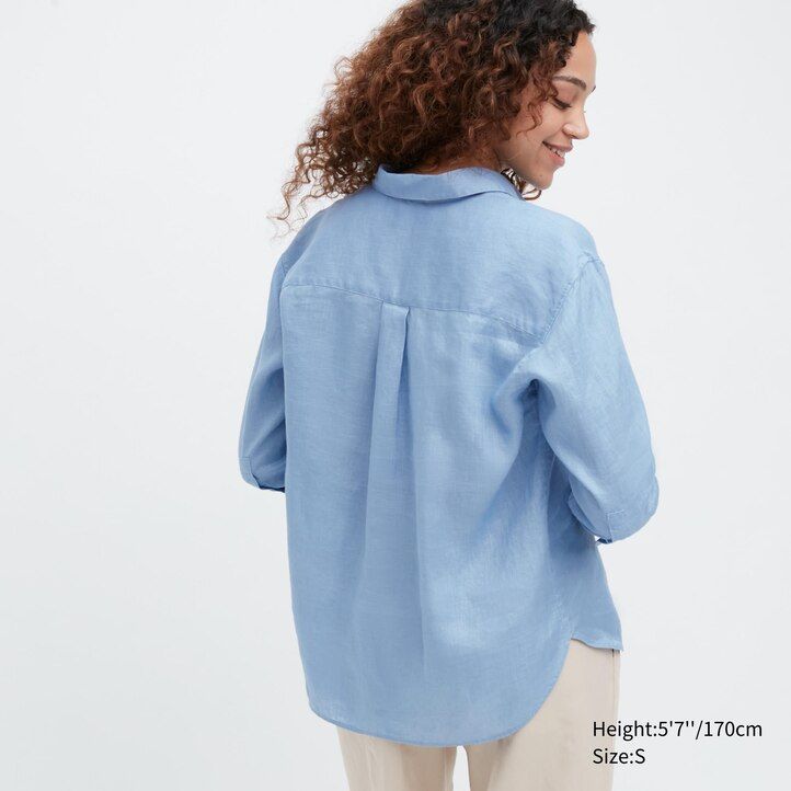 Blue Uniqlo 100pct Premium Linen Skipper Collar 34 Sleeved Shirt | ENPMT-1705