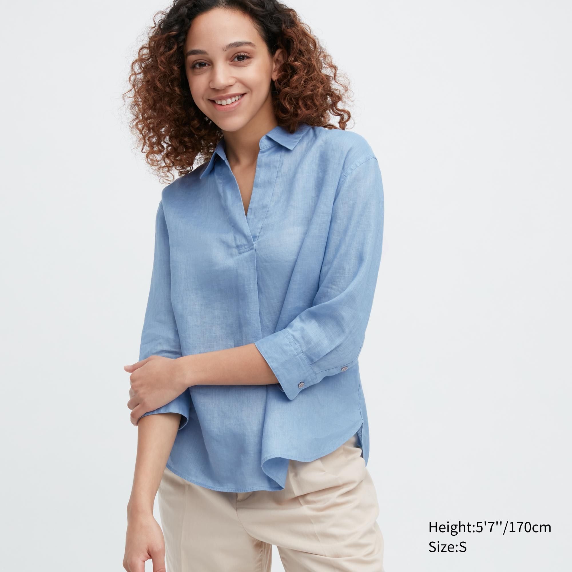 Blue Uniqlo 100pct Premium Linen Skipper Collar 34 Sleeved Shirt | ENPMT-1705