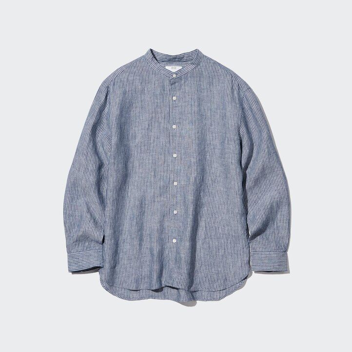 Blue Uniqlo 100pct Premium Linen Striped Regular FiT-Shirt Grandad Collar | GHFYK-0189