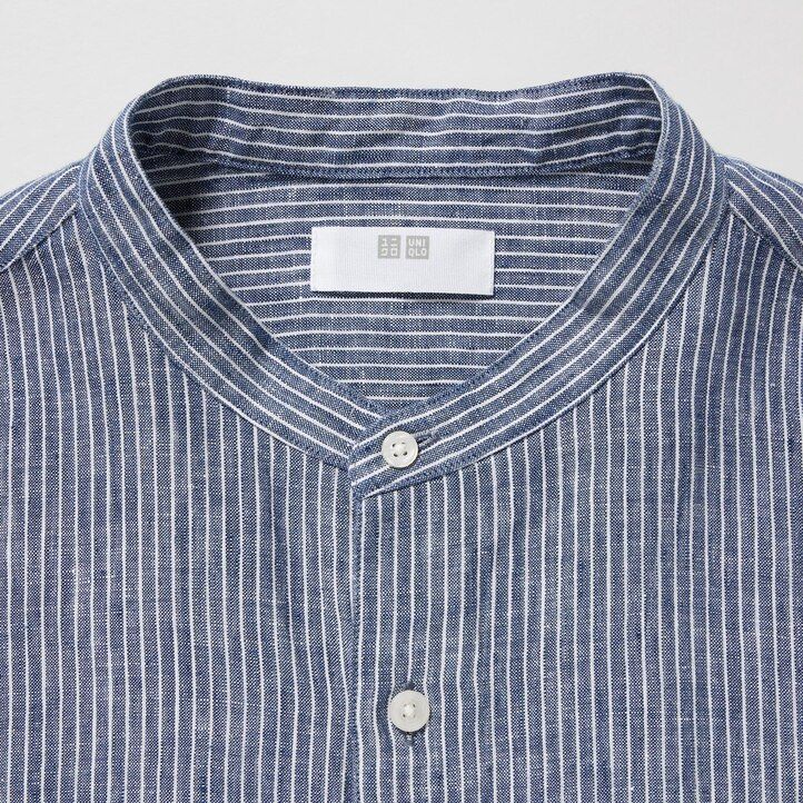 Blue Uniqlo 100pct Premium Linen Striped Regular FiT-Shirt Grandad Collar | GHFYK-0189
