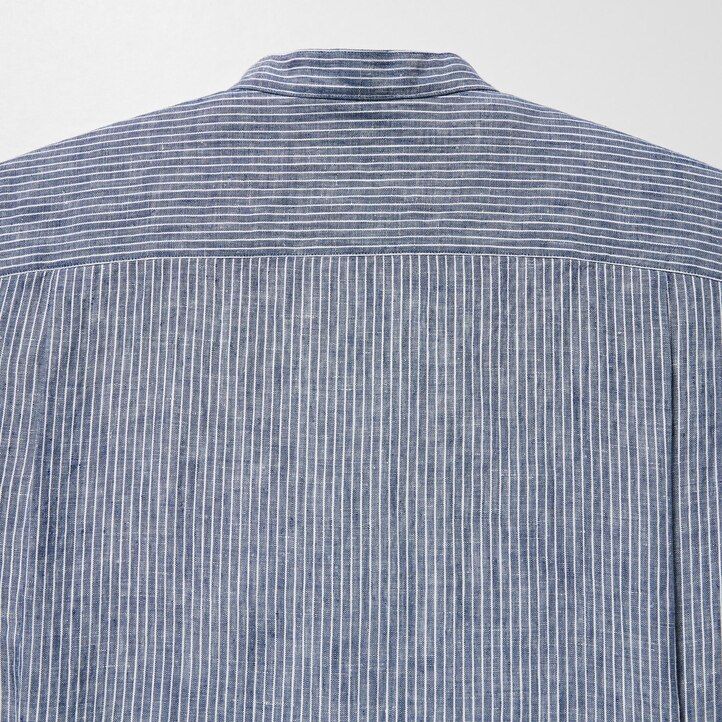 Blue Uniqlo 100pct Premium Linen Striped Regular FiT-Shirt Grandad Collar | GHFYK-0189