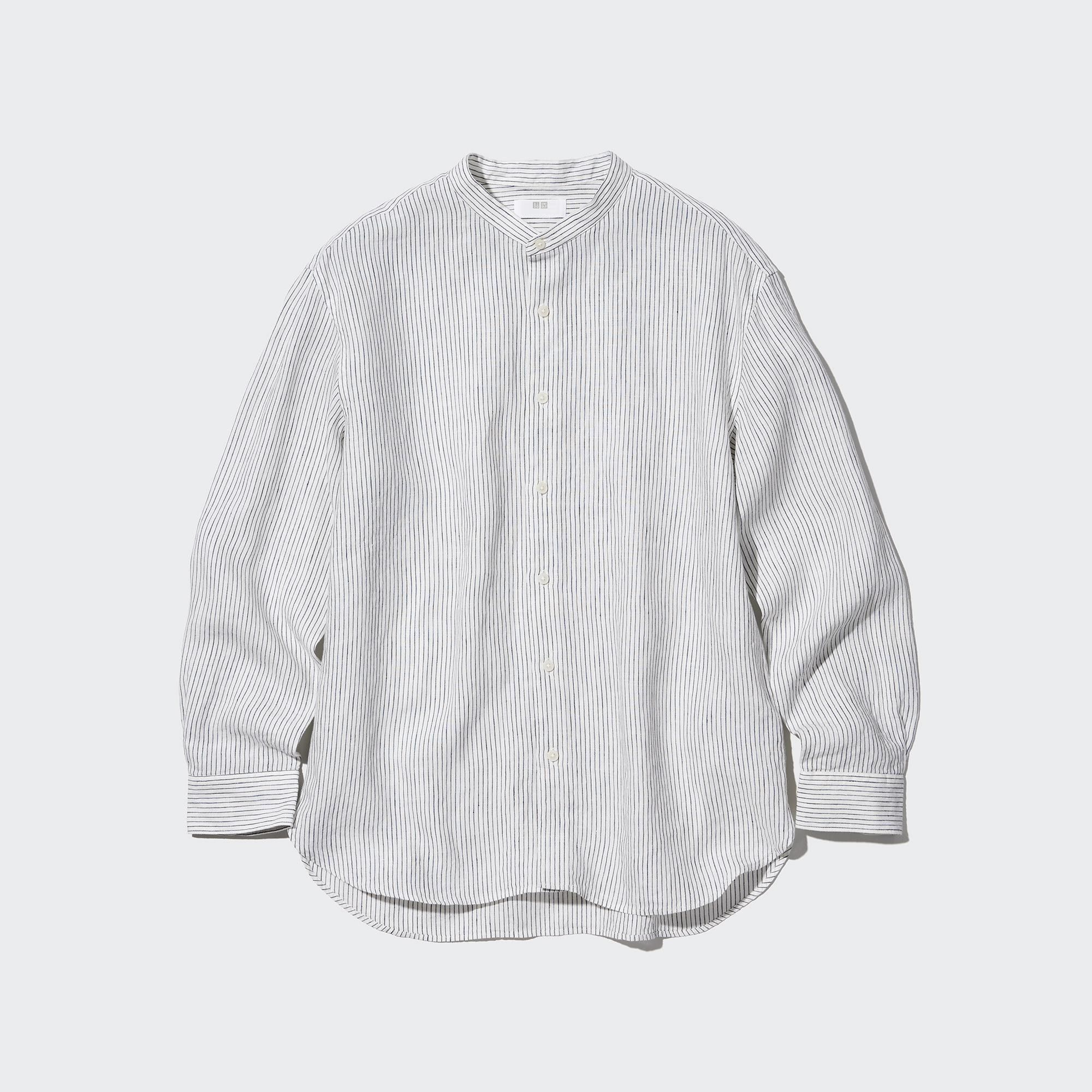 Blue Uniqlo 100pct Premium Linen Striped Regular FiT-Shirt Grandad Collar | GHFYK-0189