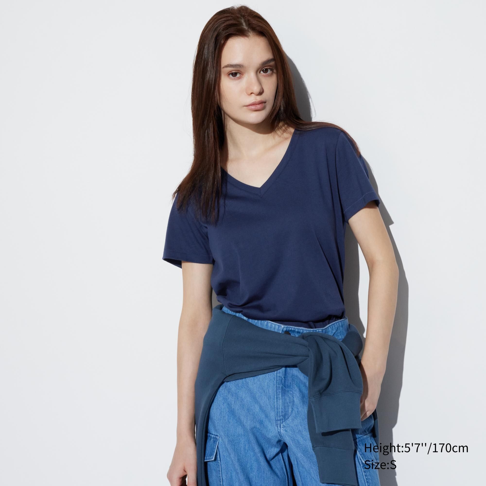 Blue Uniqlo 100pct Supima Cotton V Neck Short Sleeved T-Shirt | HGOTD-3807