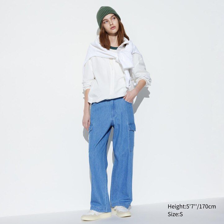 Blue Uniqlo Denim Wide Straight Leg Cargo Trousers | LIQUJ-7138