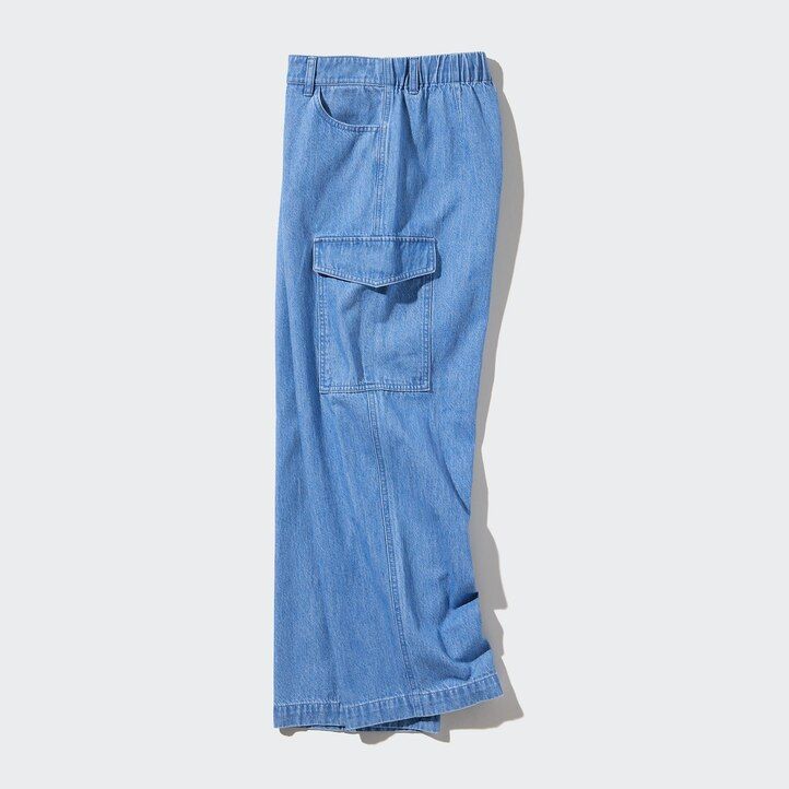 Blue Uniqlo Denim Wide Straight Leg Cargo Trousers | LIQUJ-7138