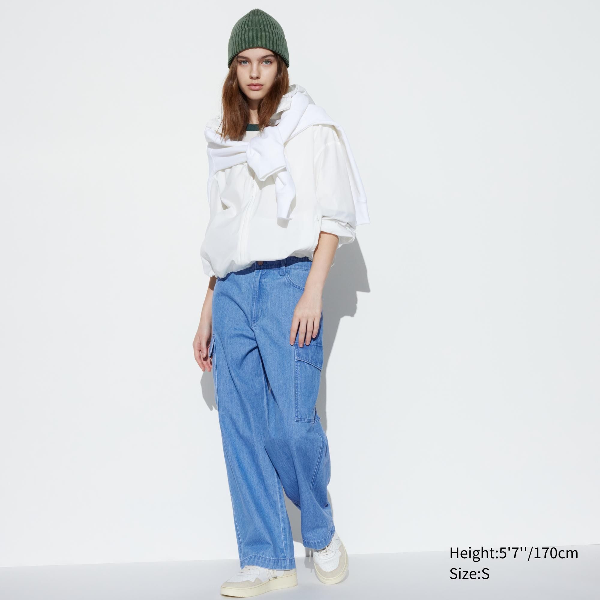Blue Uniqlo Denim Wide Straight Leg Cargo Trousers | LIQUJ-7138