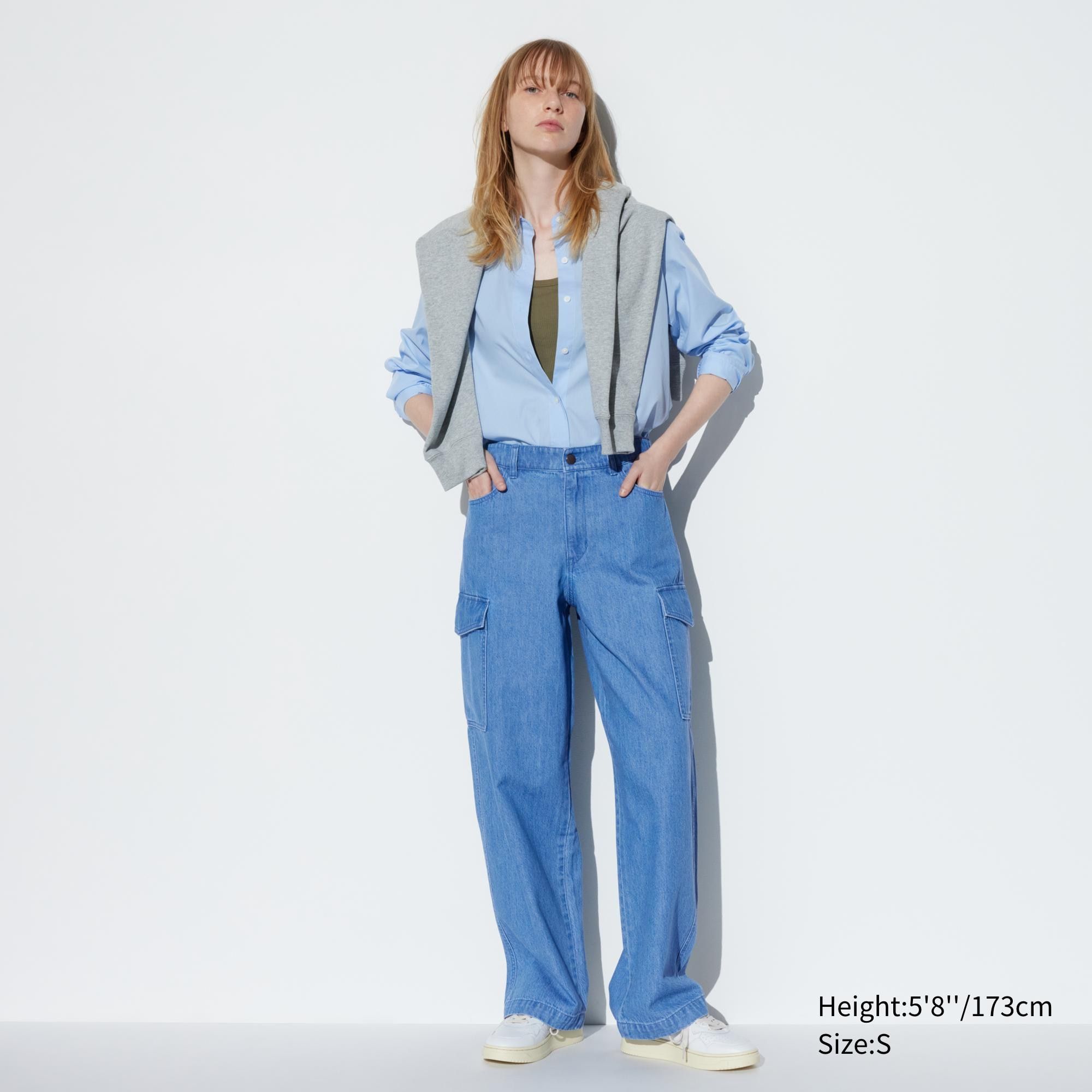 Blue Uniqlo Denim Wide Straight Leg Cargo Trousers Long | XBTHE-5196