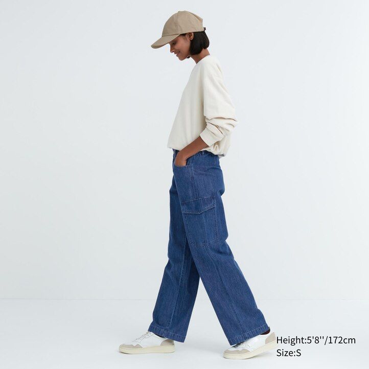Blue Uniqlo Denim Wide Straight Leg Cargo Trousers Long | XRYAN-9215