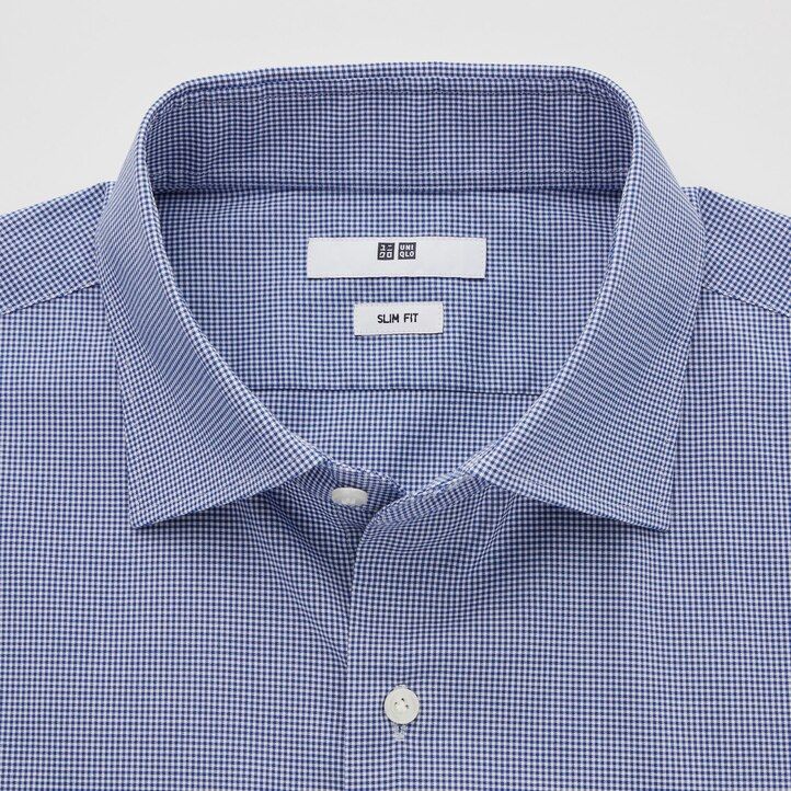 Blue Uniqlo Easy Care Stretch Slim Fit Checked Shirt Semi Cutaway Collar | LXMSJ-2195