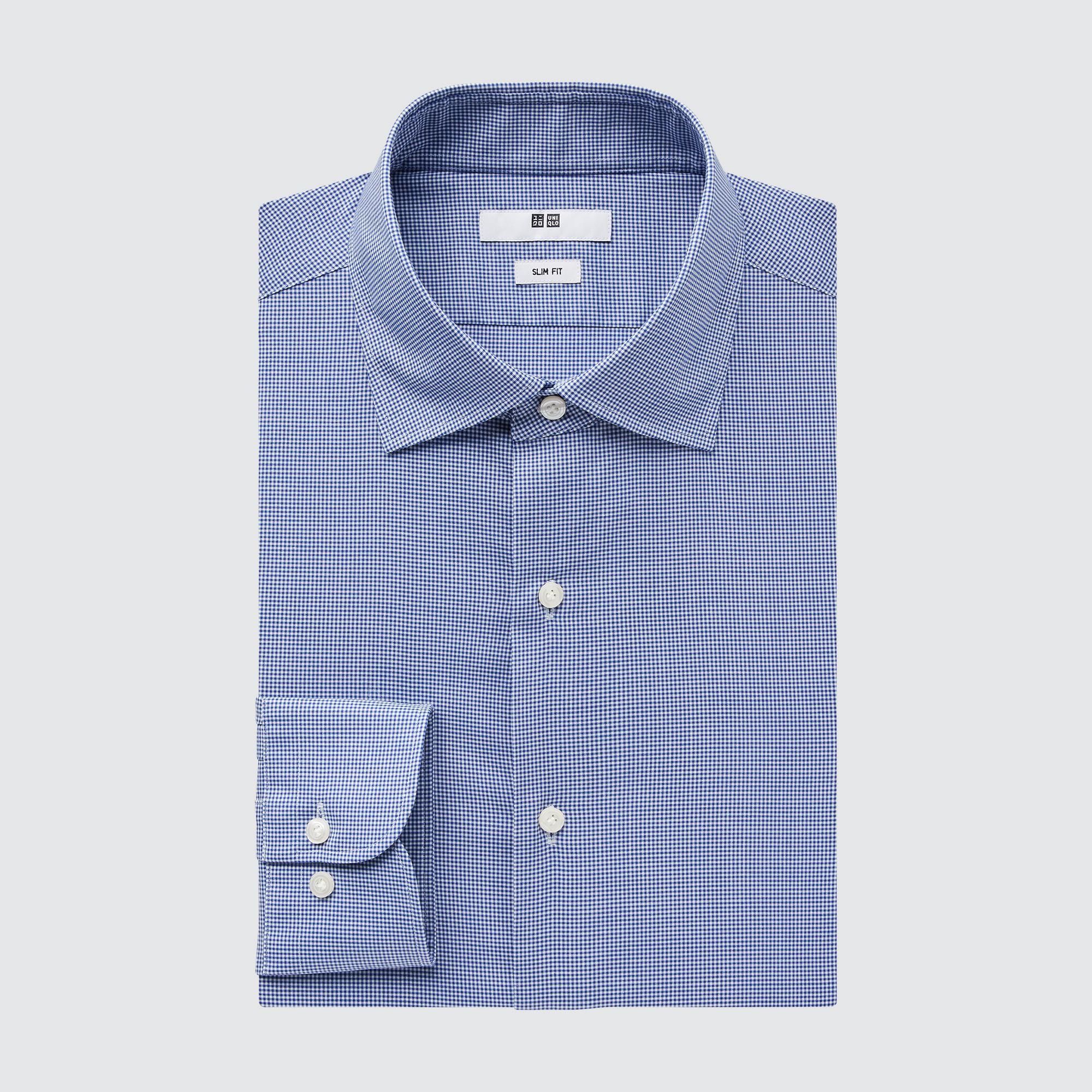 Blue Uniqlo Easy Care Stretch Slim Fit Checked Shirt Semi Cutaway Collar | LXMSJ-2195