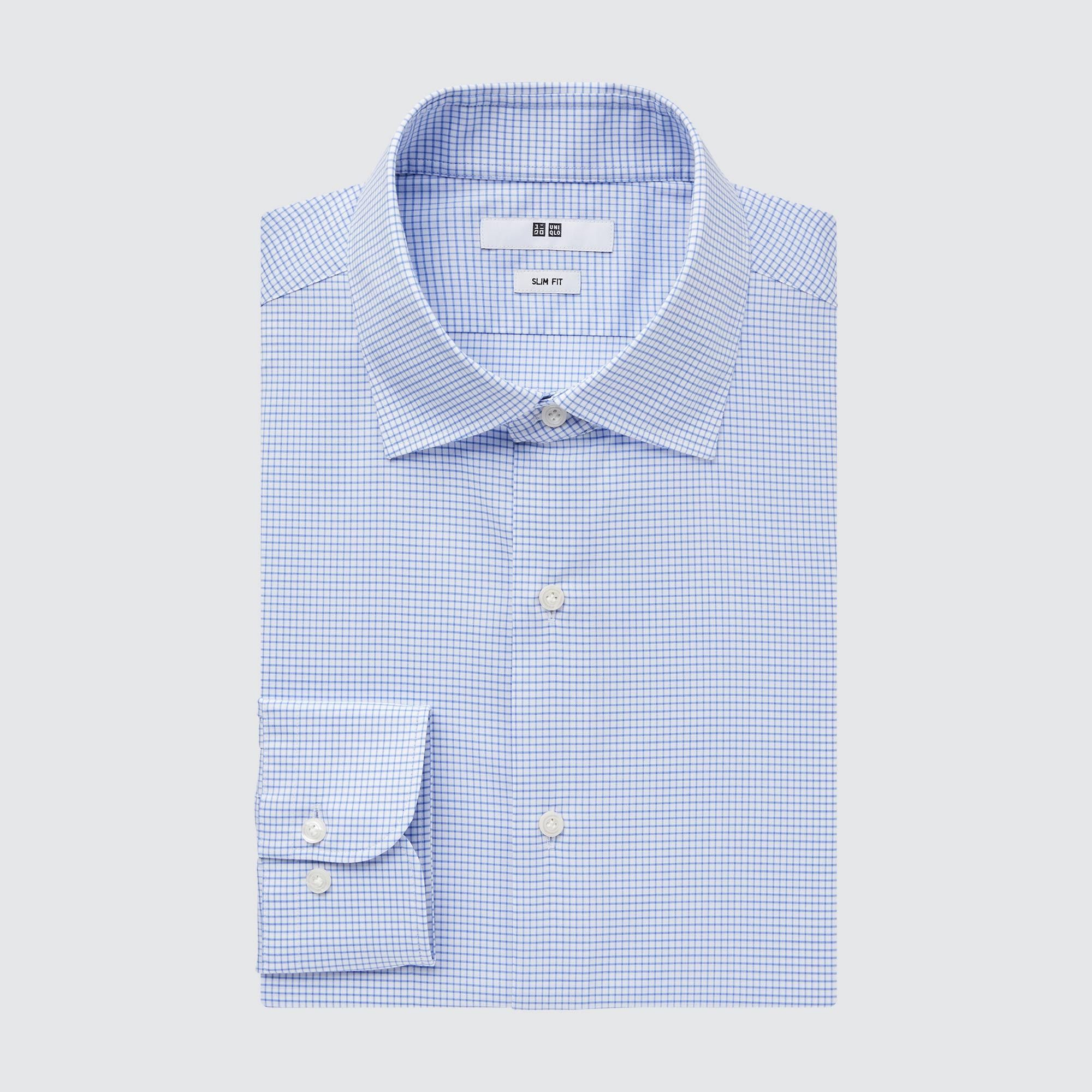 Blue Uniqlo Easy Care Stretch Slim Fit Checked Shirt Semi Cutaway Collar | MJSOZ-3420