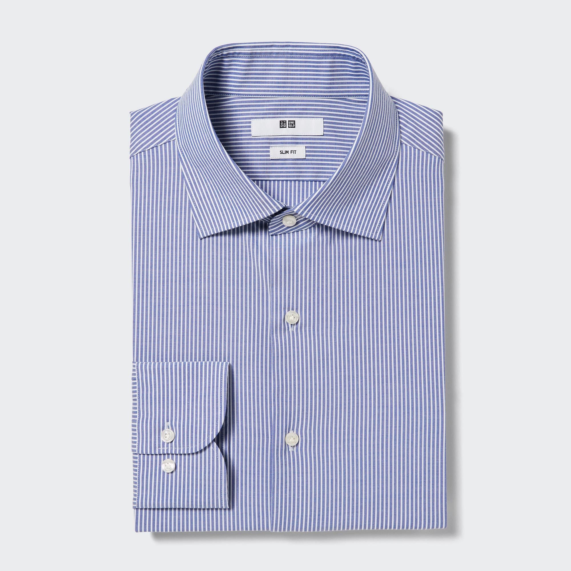 Blue Uniqlo Easy Care Stretch Slim Fit Striped Shirt Semi Cutaway Collar | HVOEX-8365