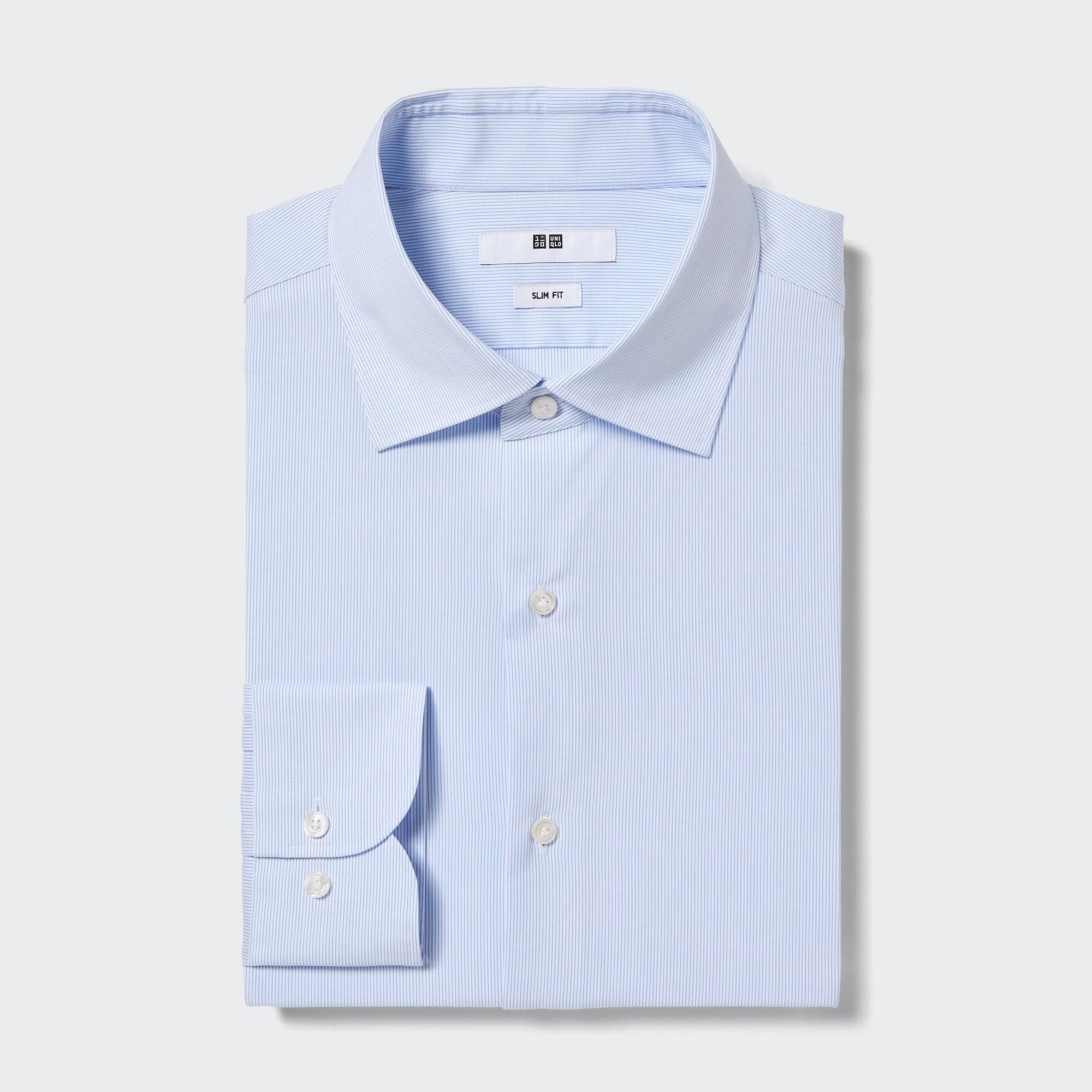 Blue Uniqlo Easy Care Stretch Slim Fit Striped Shirt Semi Cutaway Collar | NFXVU-7425