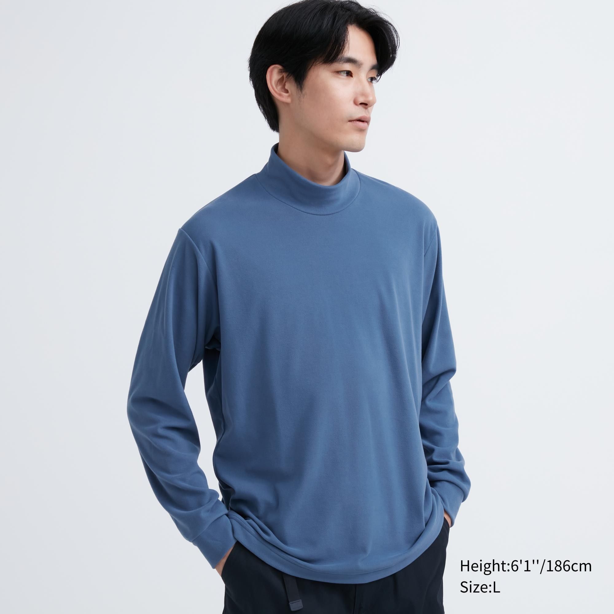 Blue Uniqlo Fleece Stretch Mock Neck Long Sleeved T-Shirt | YHFXP-8512