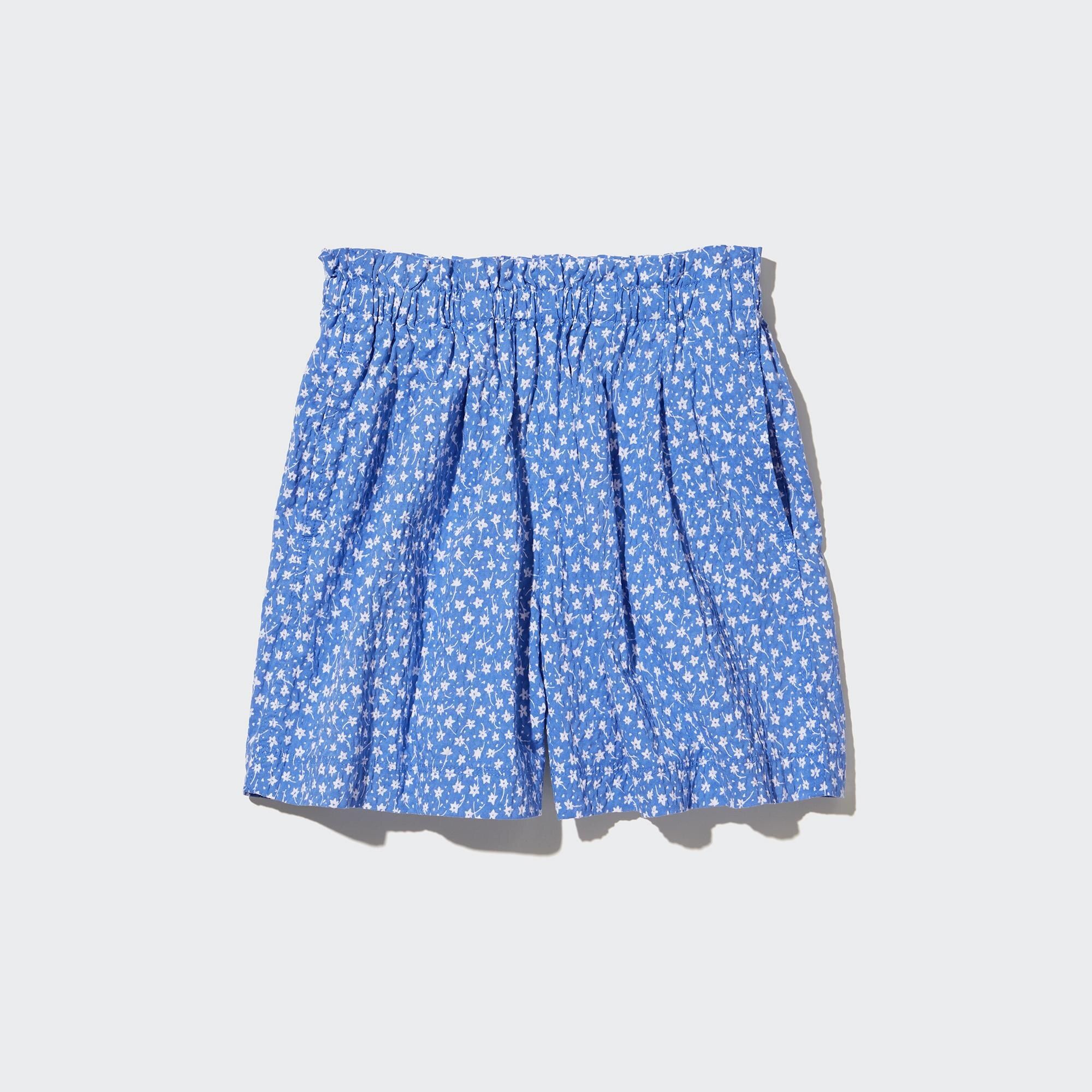 Blue Uniqlo Girls Seersucker Flower Print Easy Shorts | CZWAD-8936