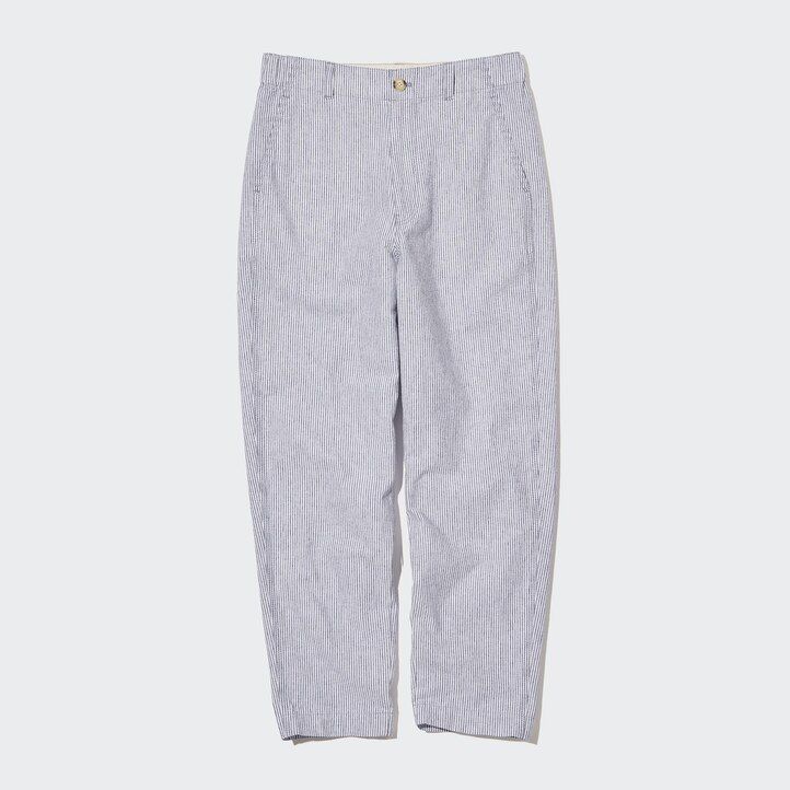 Blue Uniqlo Linen Cotton Blend Striped Tapered Trousers | UTFKC-0683