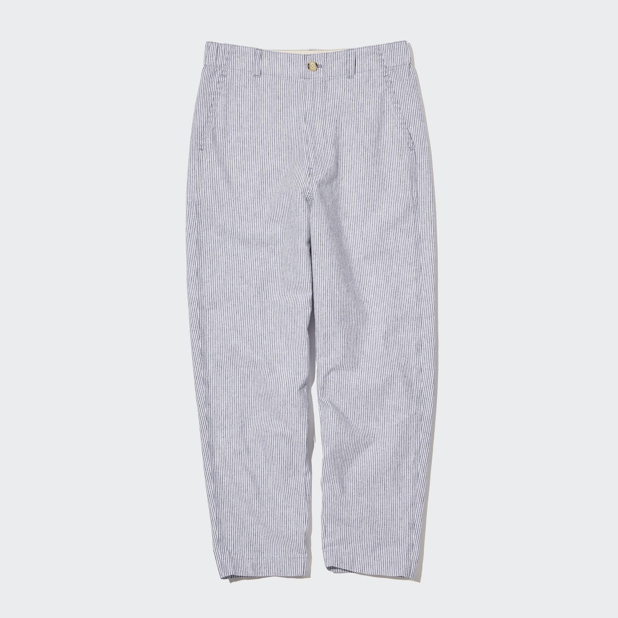 Blue Uniqlo Linen Cotton Blend Striped Tapered Trousers | UTFKC-0683