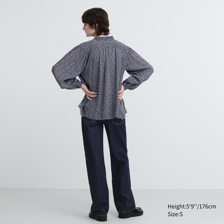 Blue Uniqlo Printed Volume Blouse | CSNOI-1692