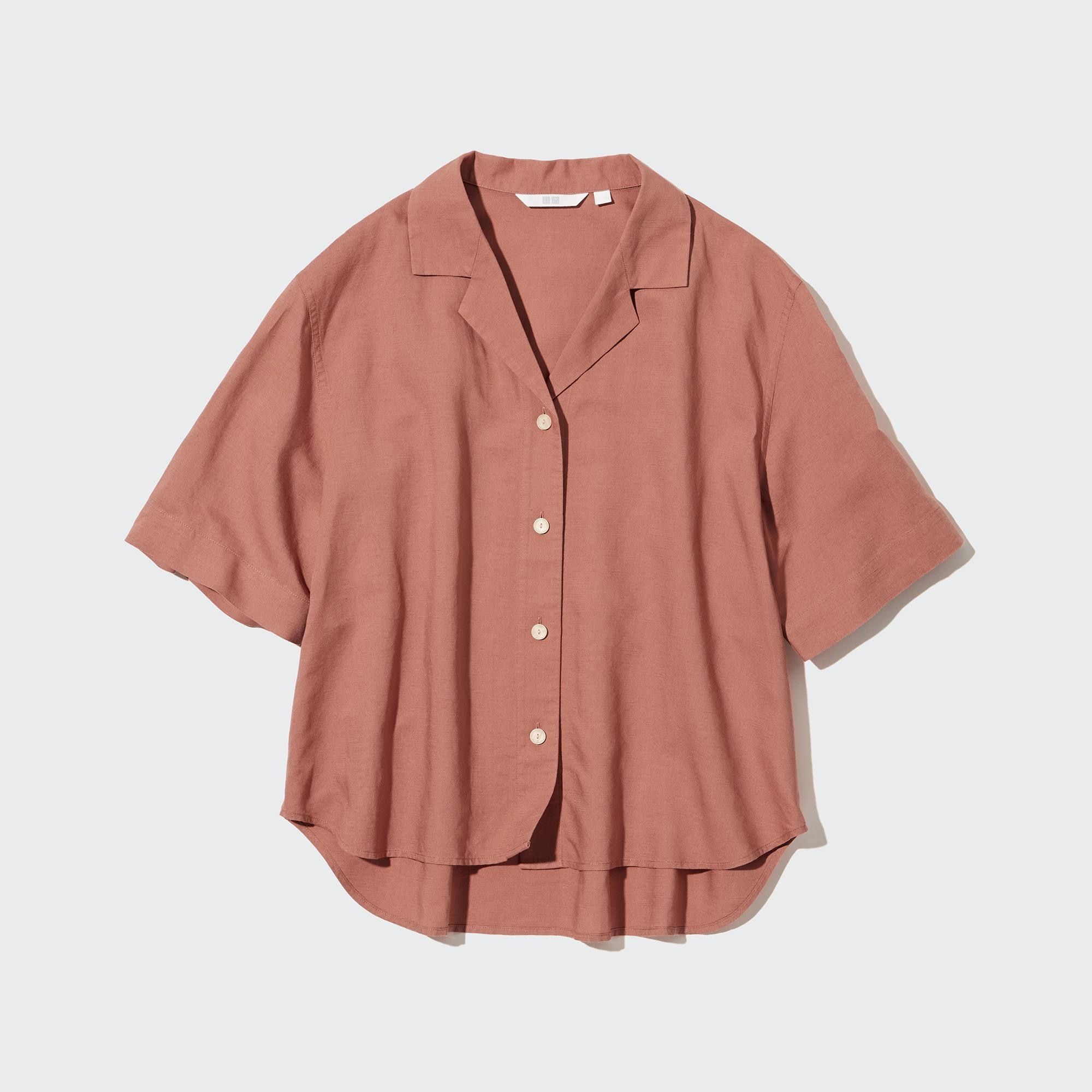 Brown Uniqlo Linen Blend Open Collar Short Sleeved Shirt | MBJYA-9406