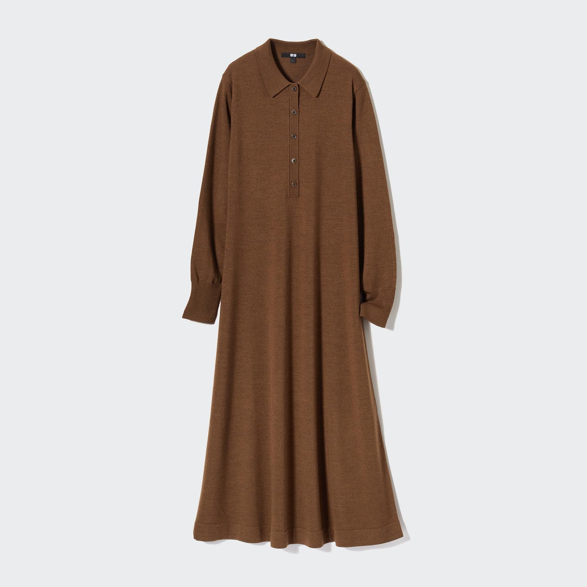 Brown Uniqlo Merino Blend Polo Neck Long Sleeved Dress | AMYLD-4609