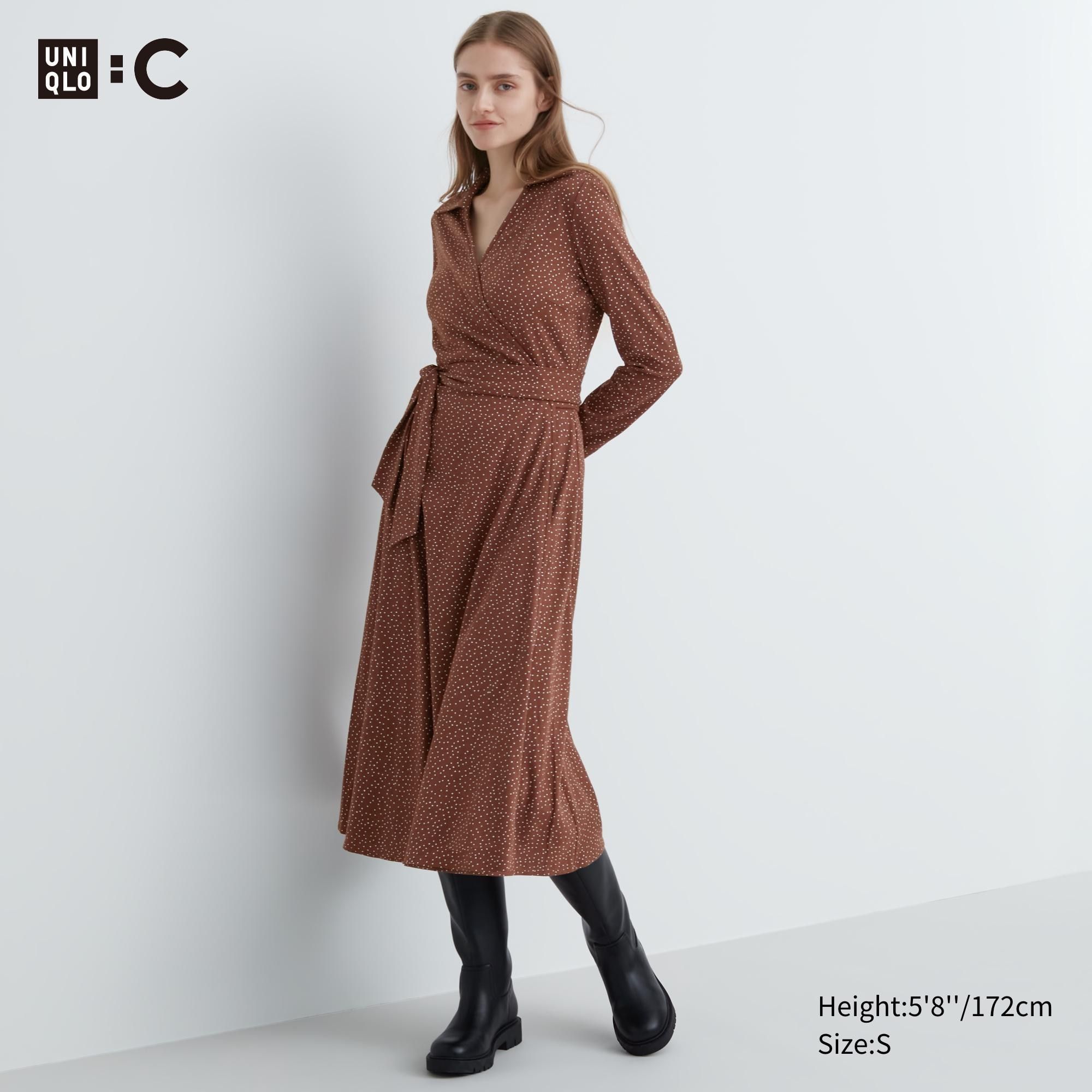 Brown Uniqlo Printed Long Sleeved Wrap Dress | GDUVH-2641