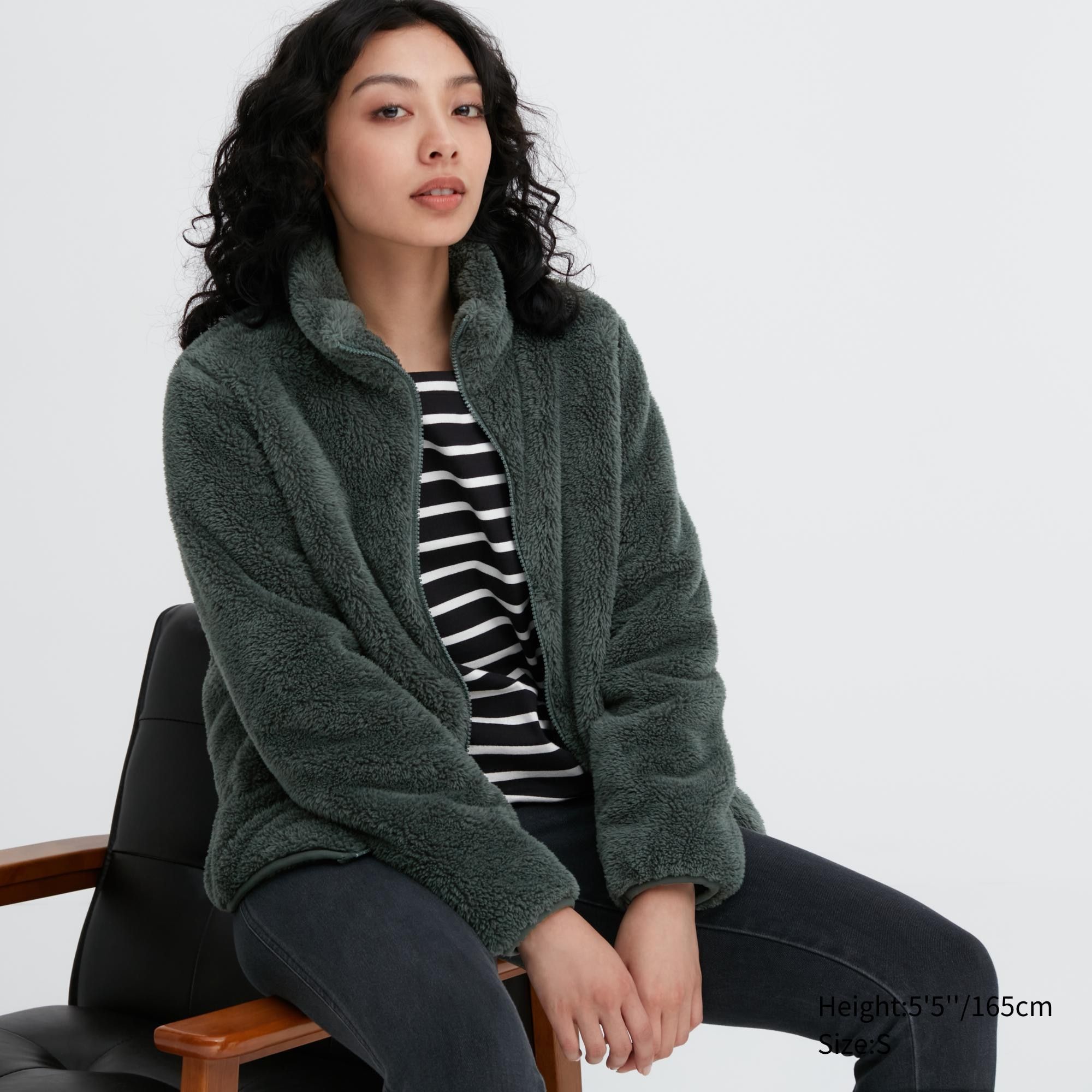 Dark Green Uniqlo Fluffy Fleece Zipped Jacket | UCJNG-1592